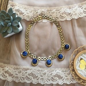 VTG Vintage Marble Blue Chain Link Gold Necklace